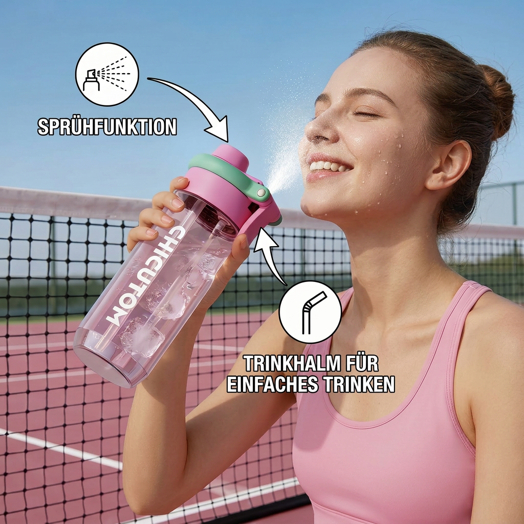 2-in-1 sportwaterfles met sprayfunctie en rietje – grote inhoud en lekvrij