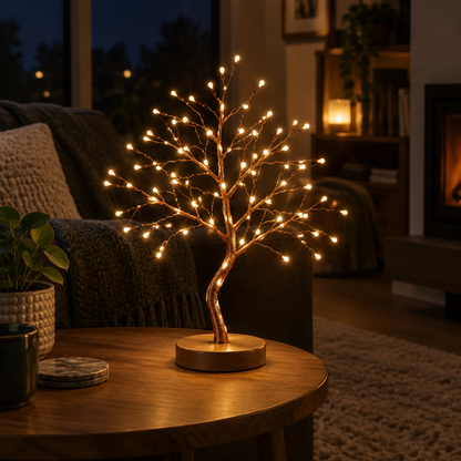 LED boomlamp met warme lichtjes in de woonkamer