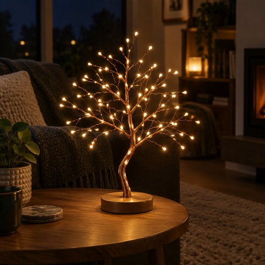 LED boomlamp met warme lichtjes in de woonkamer