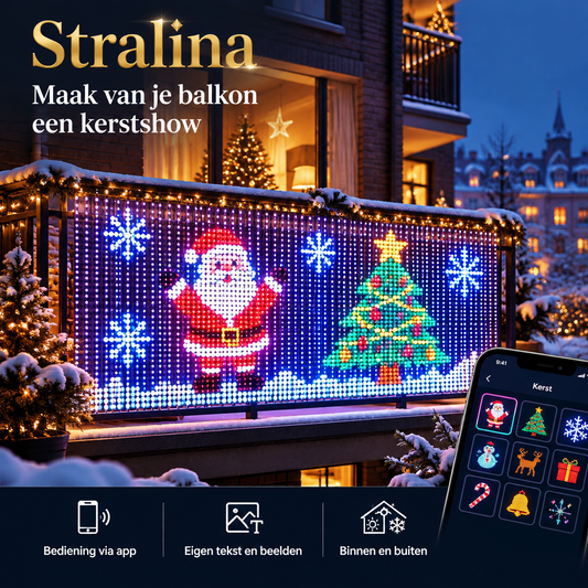 Stralina LED-lichtgordijn op een balkon met kerstman en kerstboom