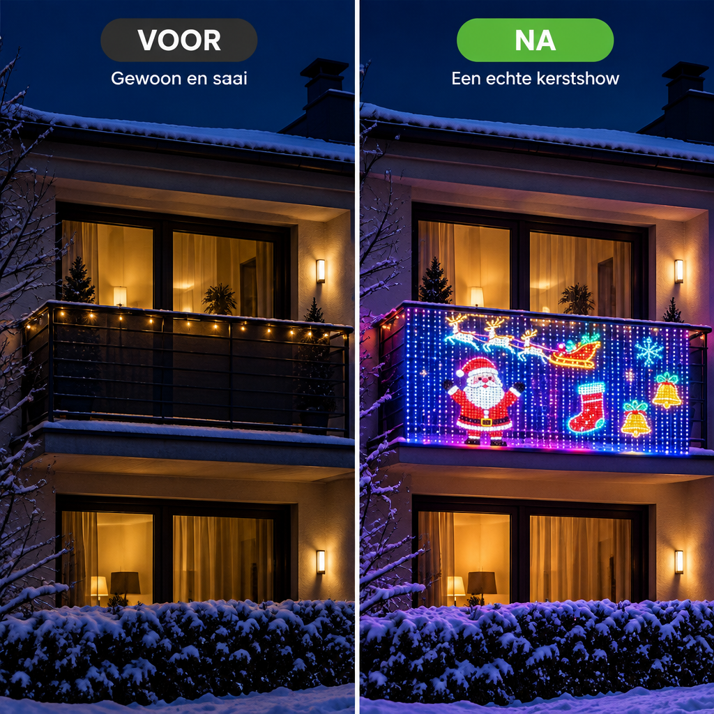 Balkon voor en na het Stralina LED-lichtgordijn
