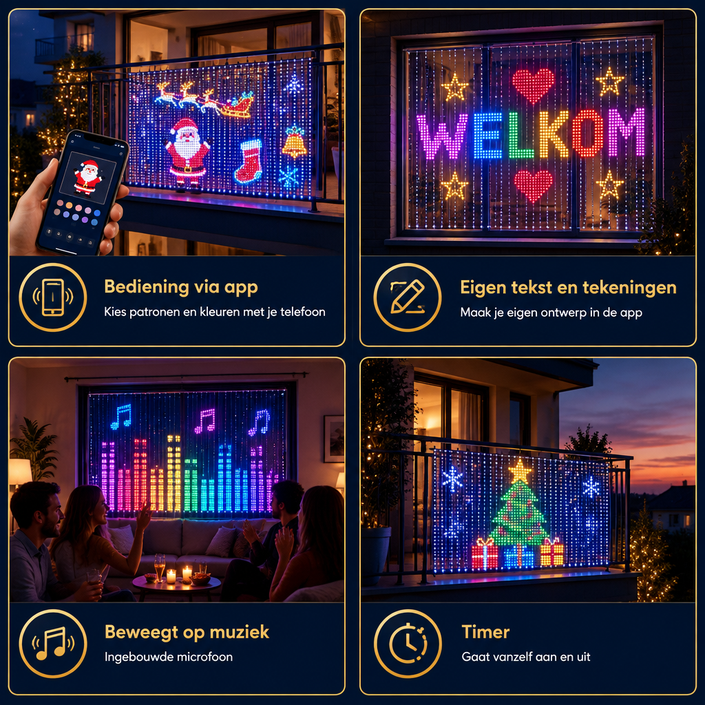 Bediening via app, eigen tekst, muziek en timer
