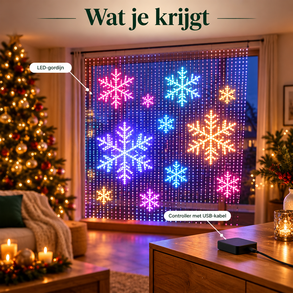 Wat je krijgt: LED-gordijn en controller met USB-kabel