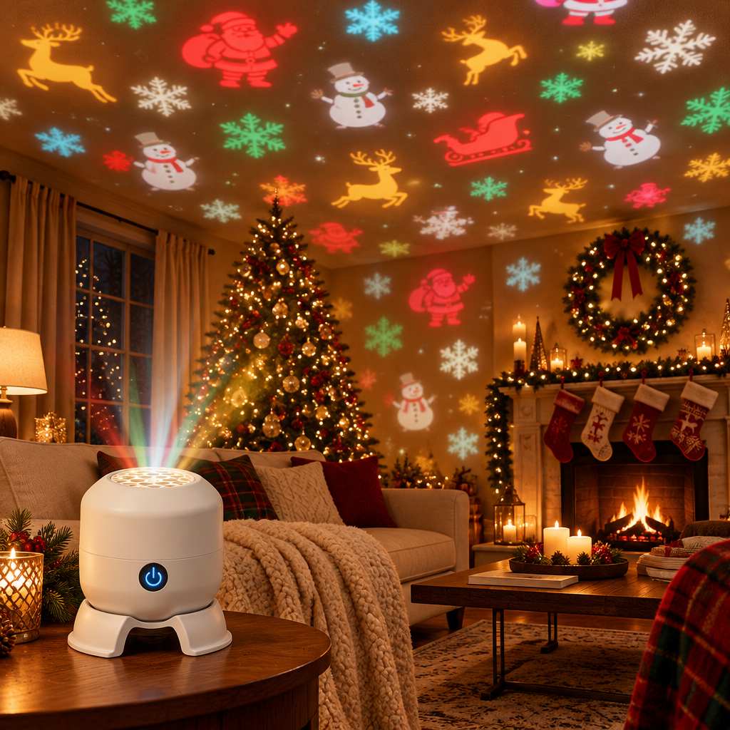 Kerstprojectie in een gezellige woonkamer