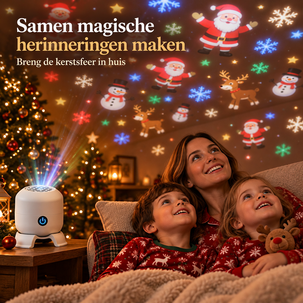Gezin kijkt naar de kerstprojectie op het plafond