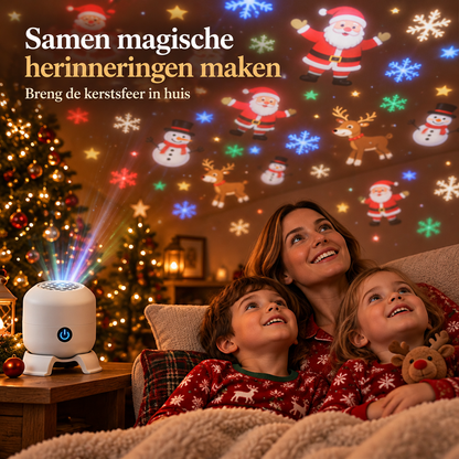Gezin kijkt naar de kerstprojectie op het plafond