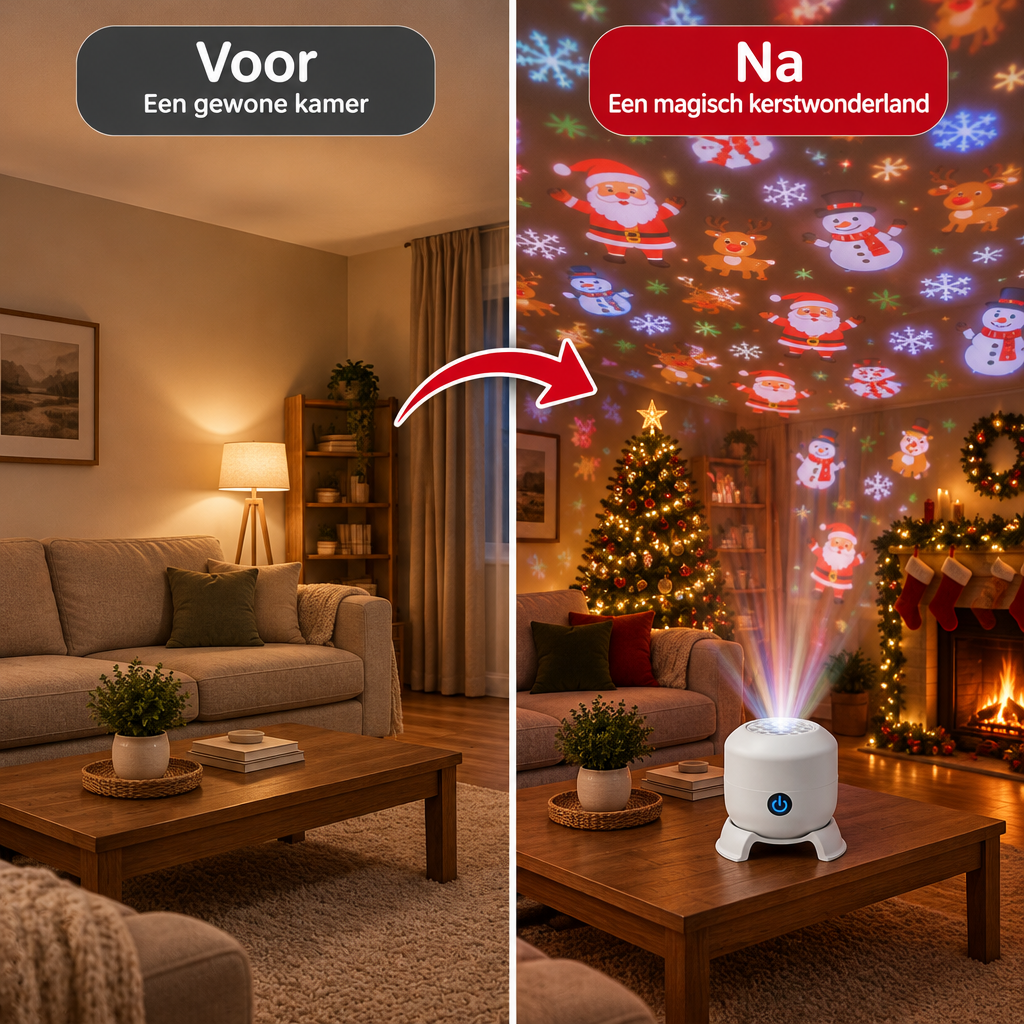 Woonkamer voor en na de Glinora kerstprojector