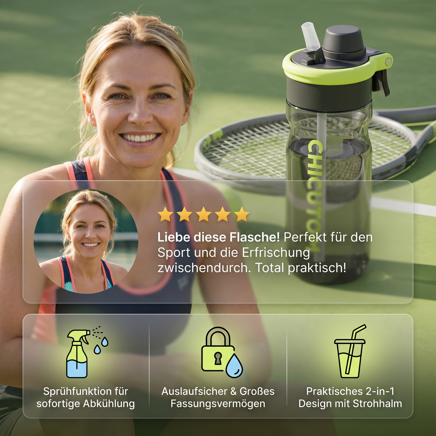 2-in-1 sportwaterfles met sprayfunctie en rietje – grote inhoud en lekvrij